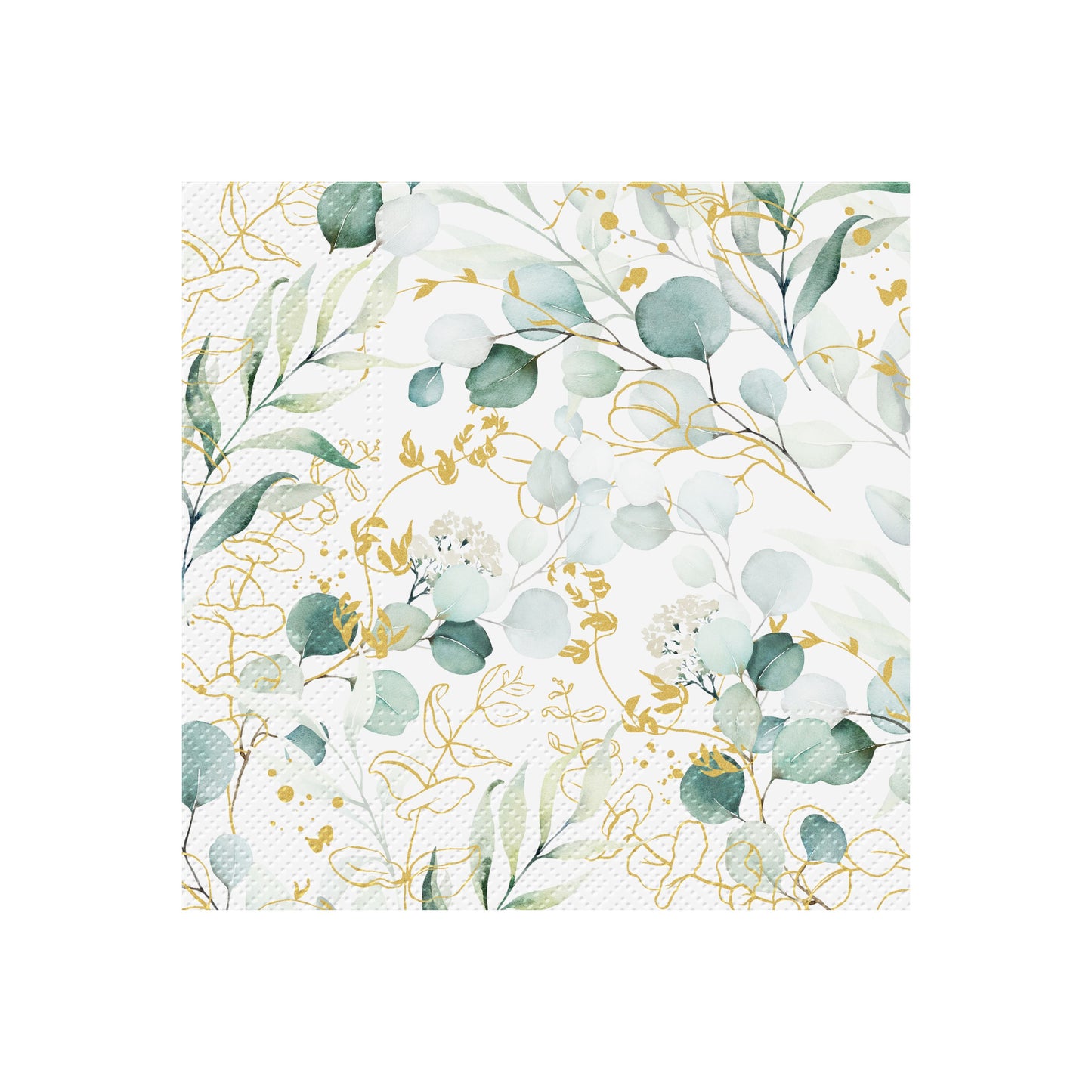 Printed paper napkin with pale eucalyptus leaves and botanical branches in soft colors