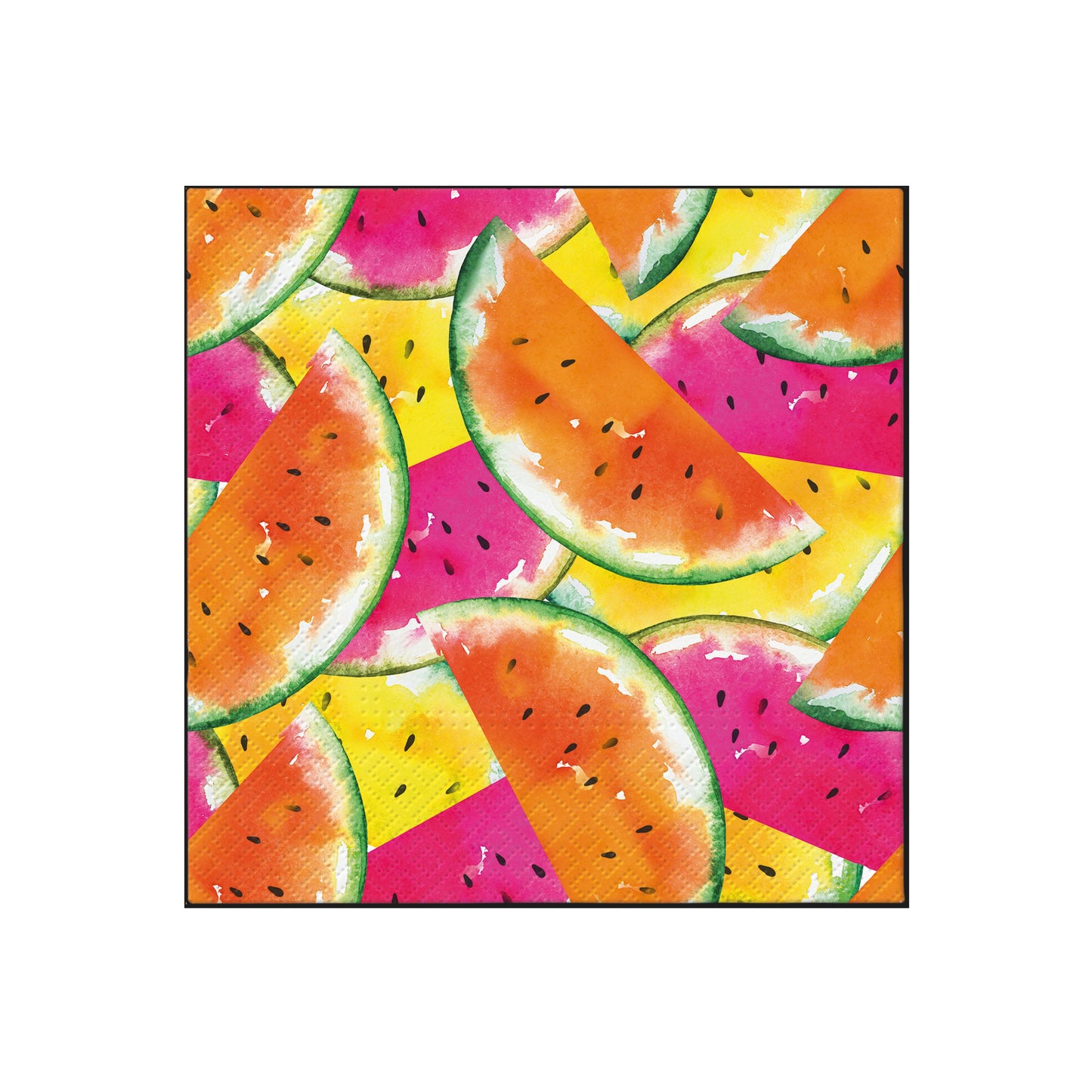 Square fabric with colorful watermelon slice pattern in pink, orange, yellow, and green