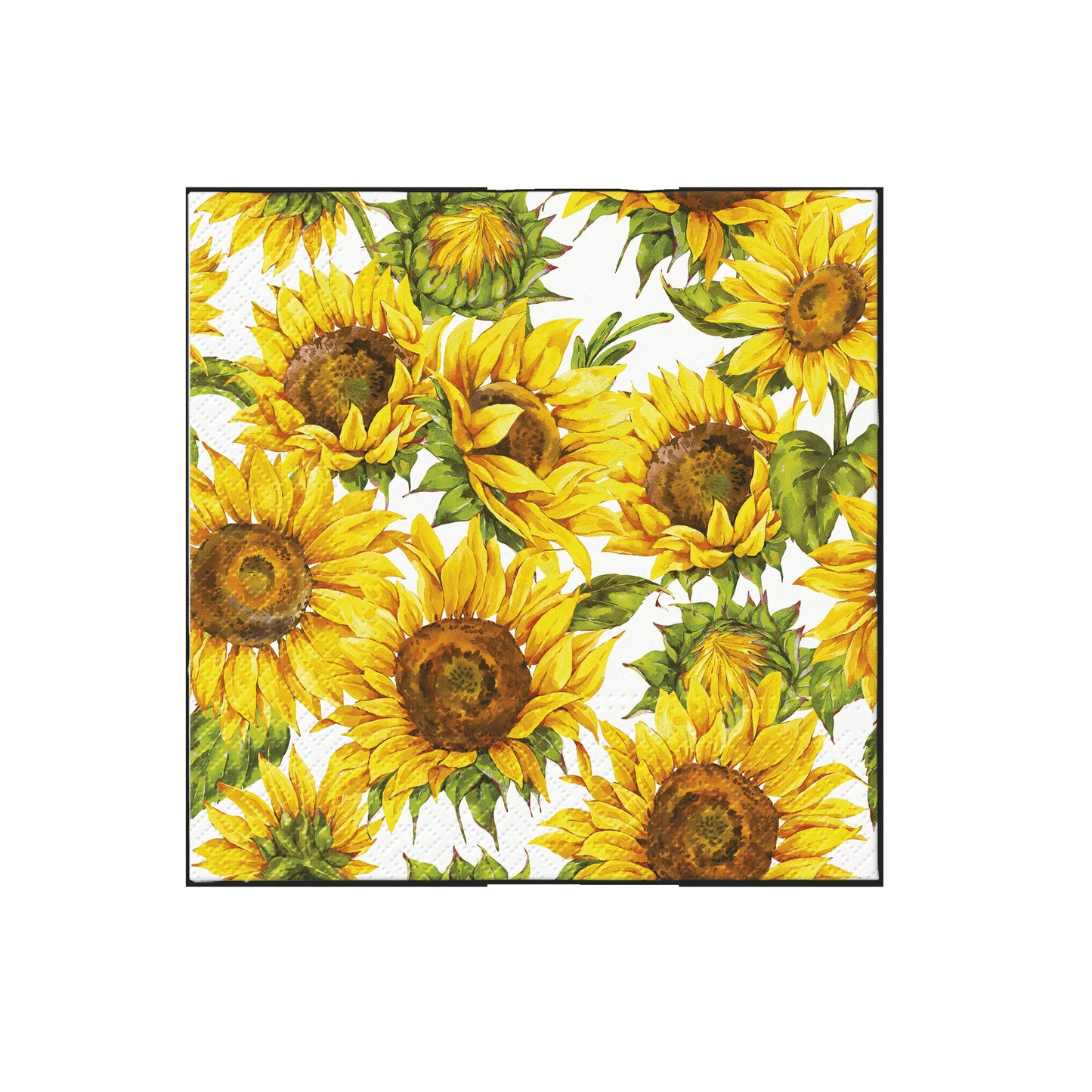Decorative square napkin with bright yellow sunflower allover print and green leaves