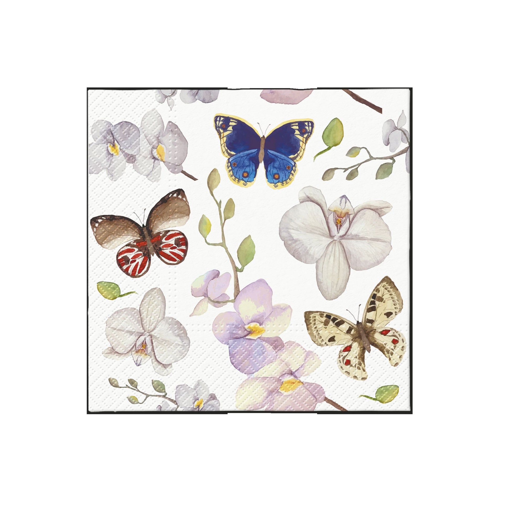 Printed paper napkin with butterflies and pale flowers with green leaves in pastel tones