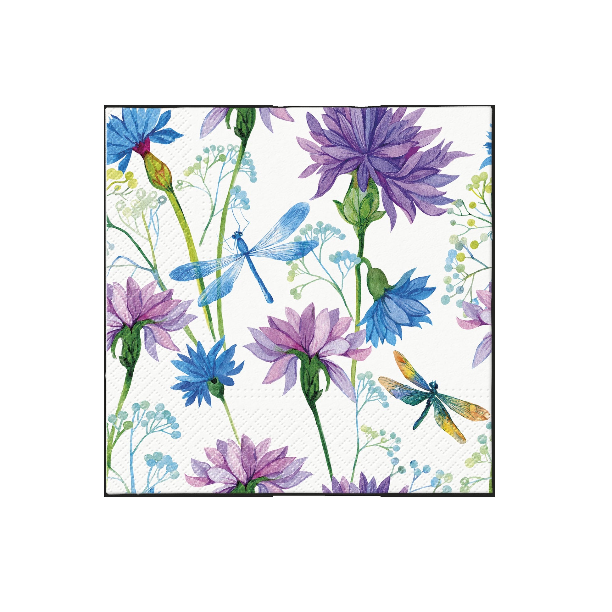 Printed paper napkin with purple and blue wildflowers and dragonflies in bright colors