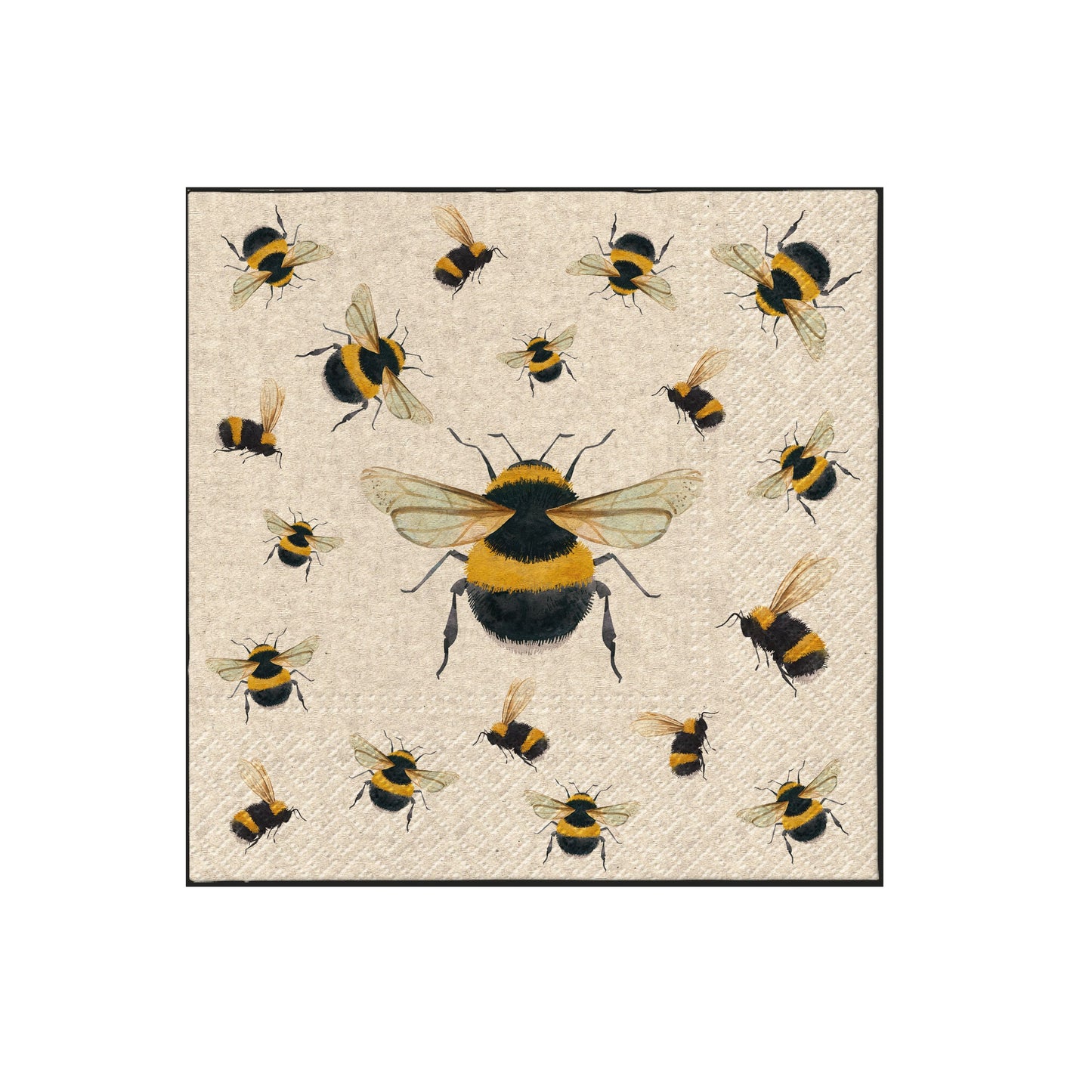 Printed paper napkin with yellow-and-black bees scattered on a light textured pattern