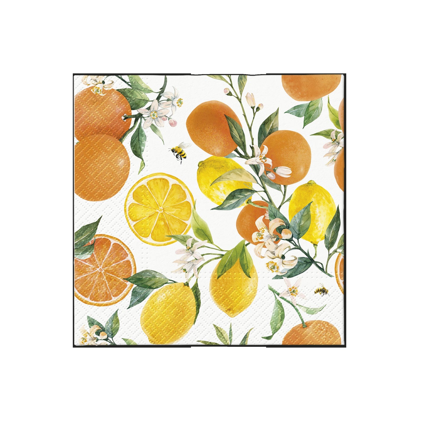 Printed paper napkin with mixed citrus slices, blossoms, and green leaves in watercolor