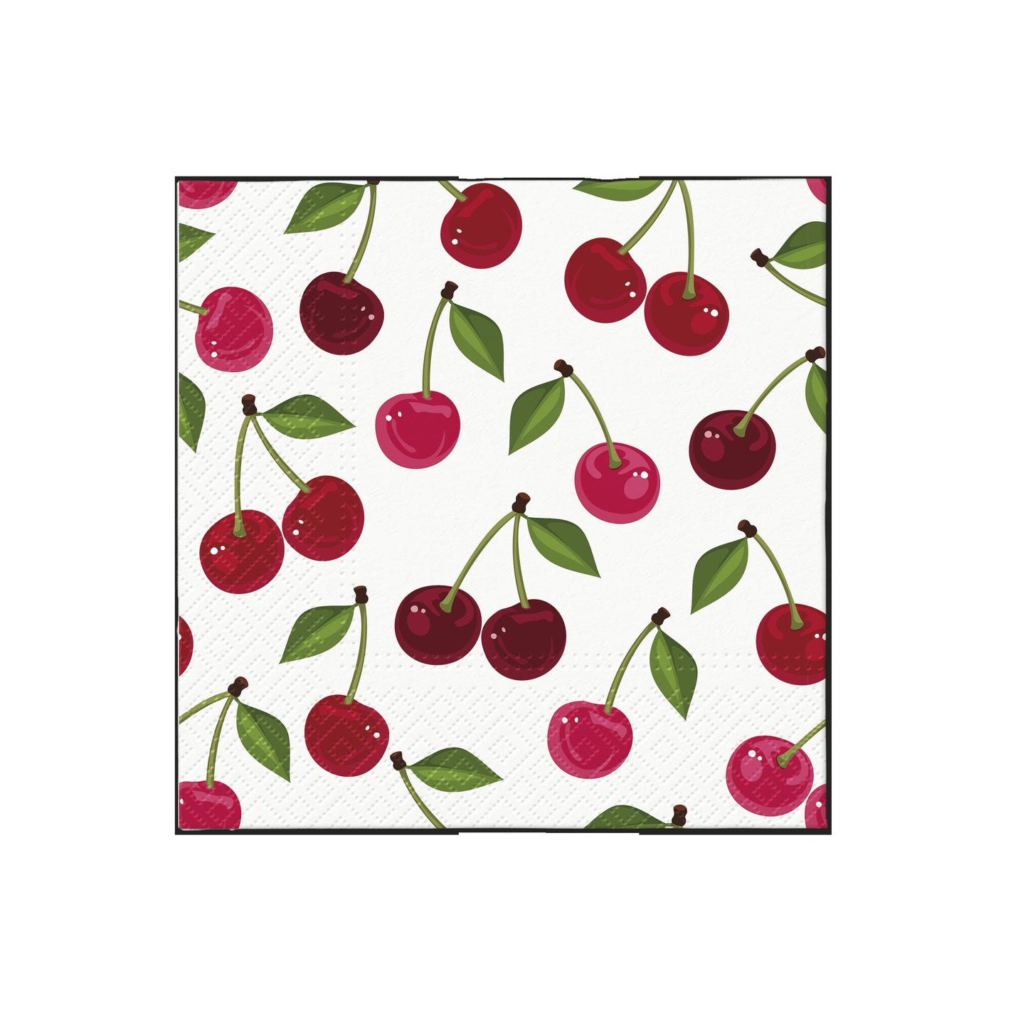Square fabric with repeating cherry fruit pattern, red cherries with green leaves on white