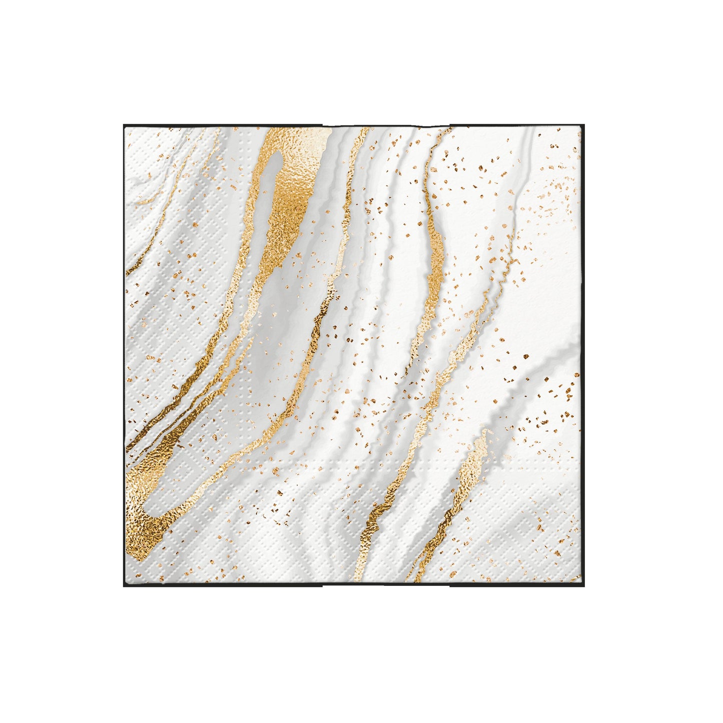 Abstract square wall art, white with gold marble streaks and speckled highlights.