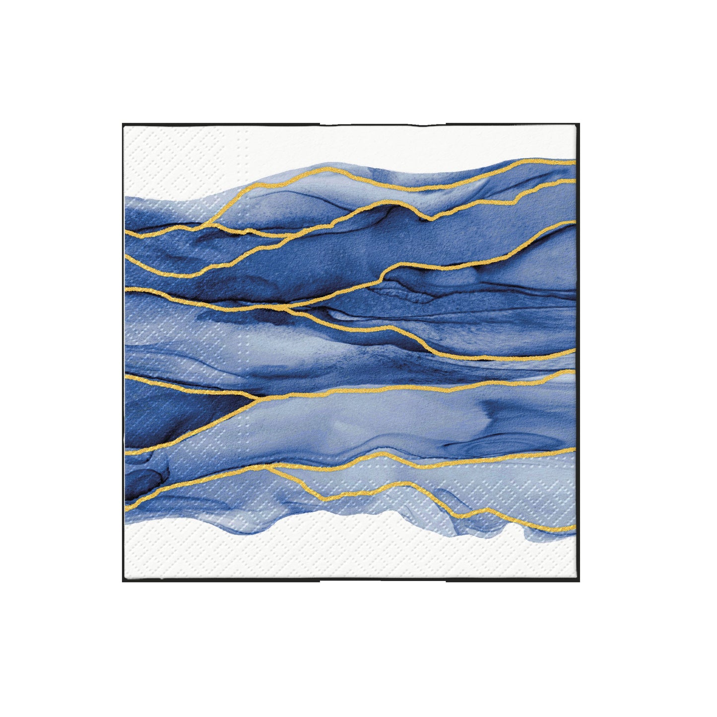 Abstract square wall art, blue watercolor waves with thin yellow contour lines.