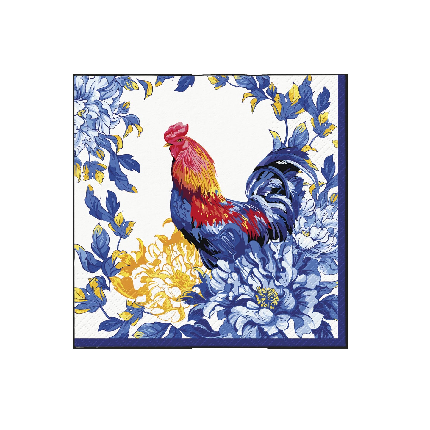 Decorative square napkin with red rooster and blue floral wreath border