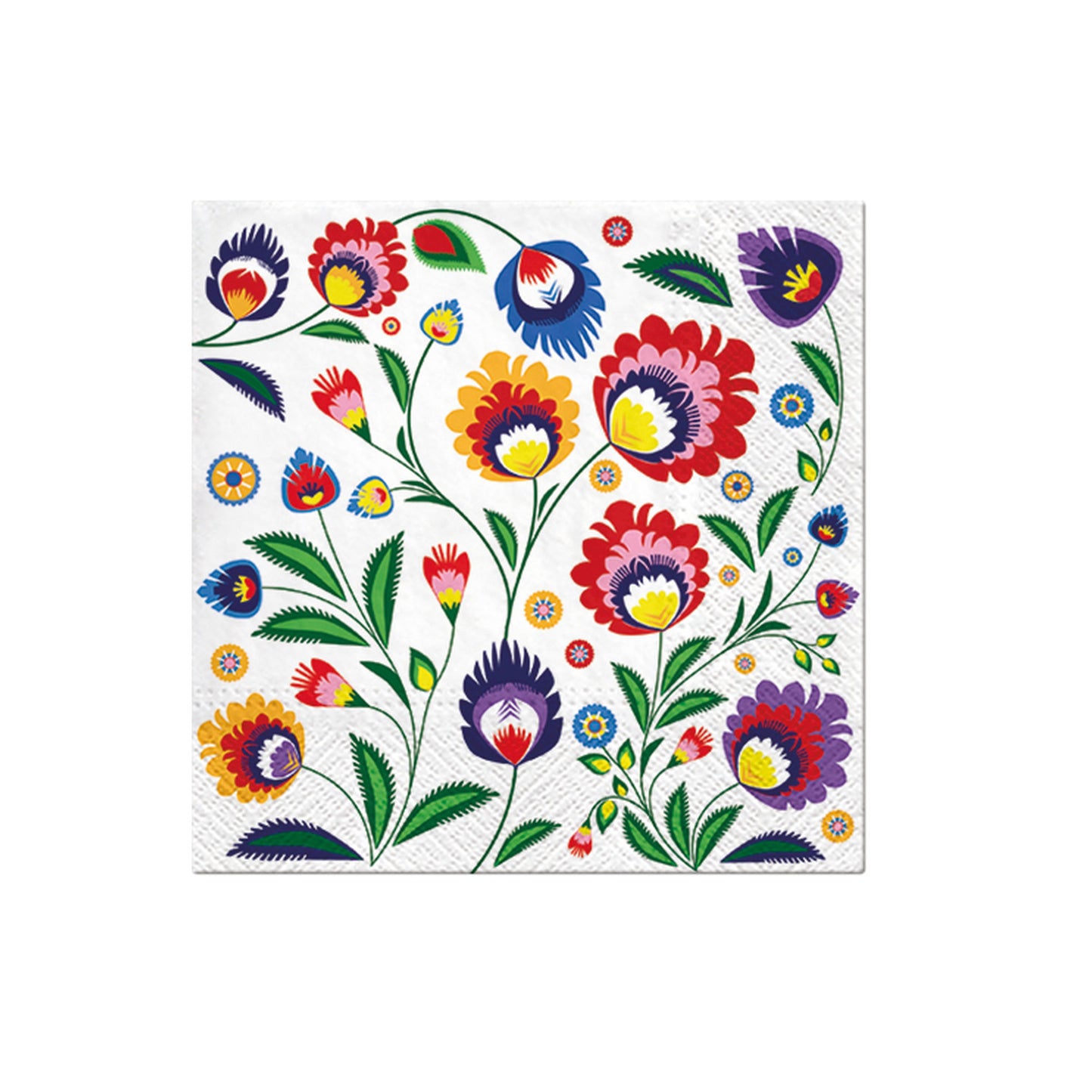 White napkin with colorful folk floral and leaf motifs, scattered across the fabric.