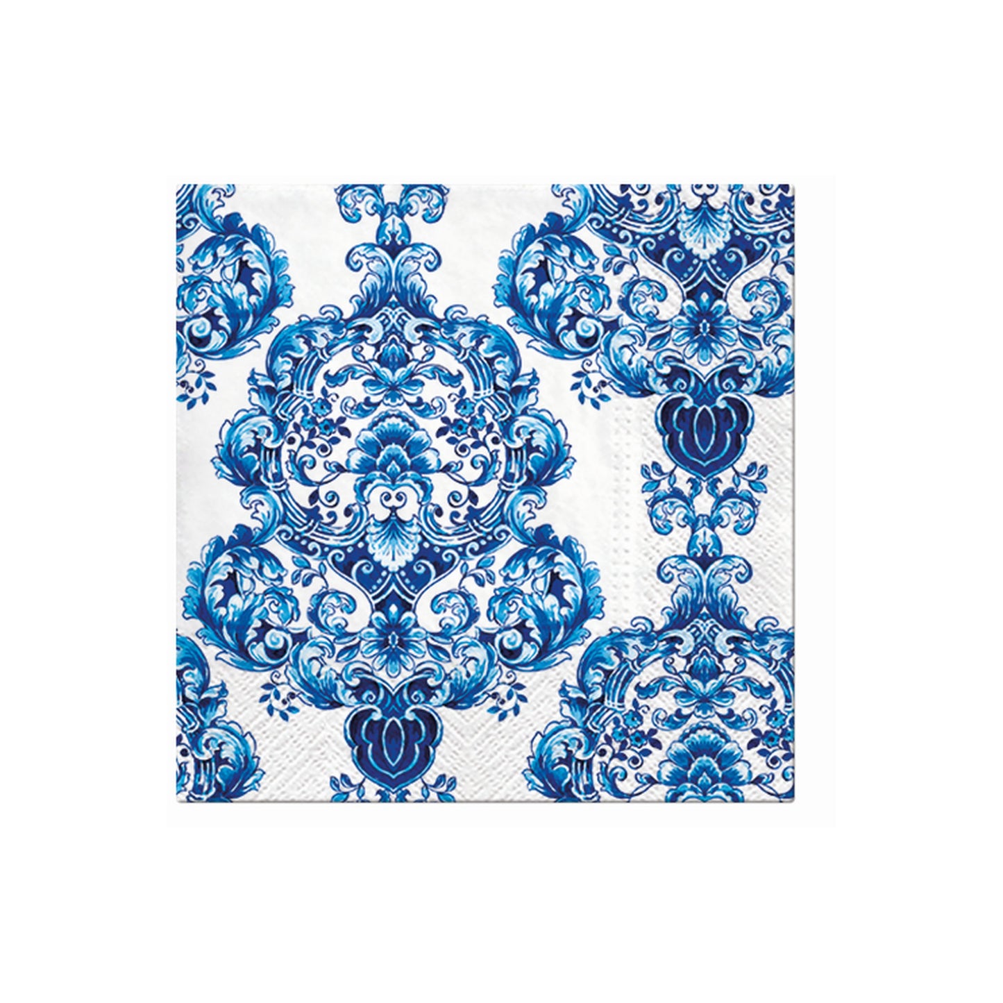 White napkin with blue porcelain-style damask swirls and ornate heart motifs.
