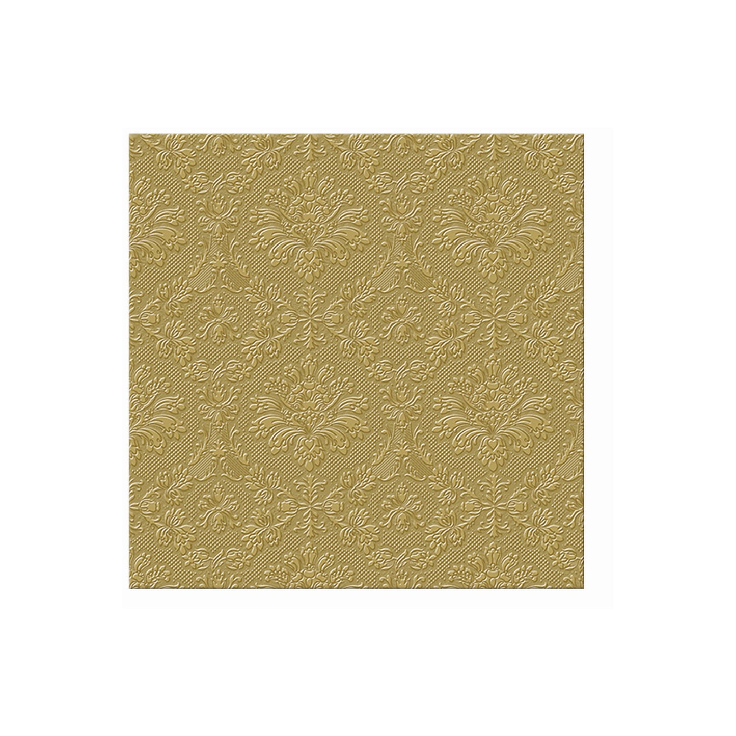 Square napkin in gold with ornate swirling damask pattern
