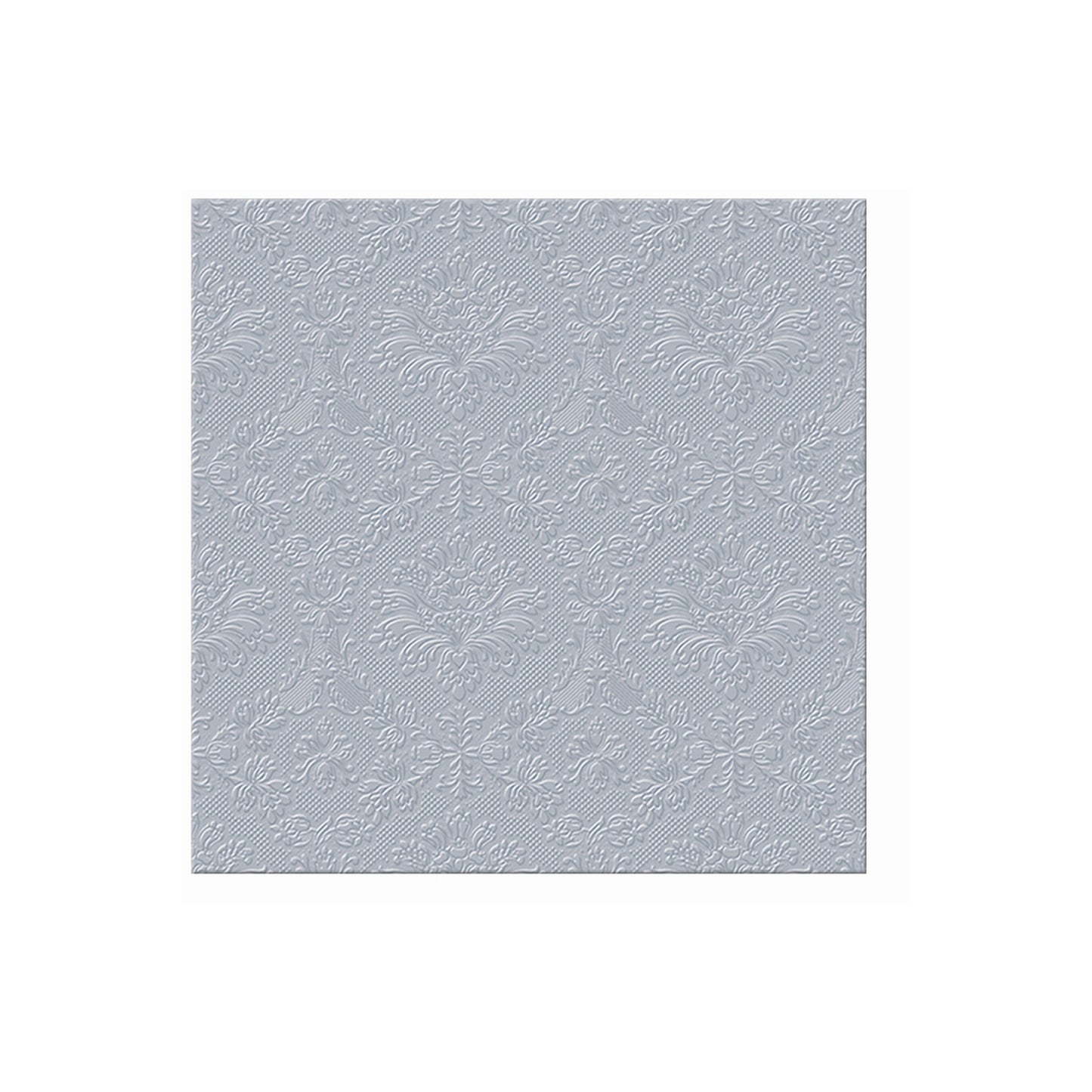 Square napkin in light silver-gray with ornate swirling damask pattern