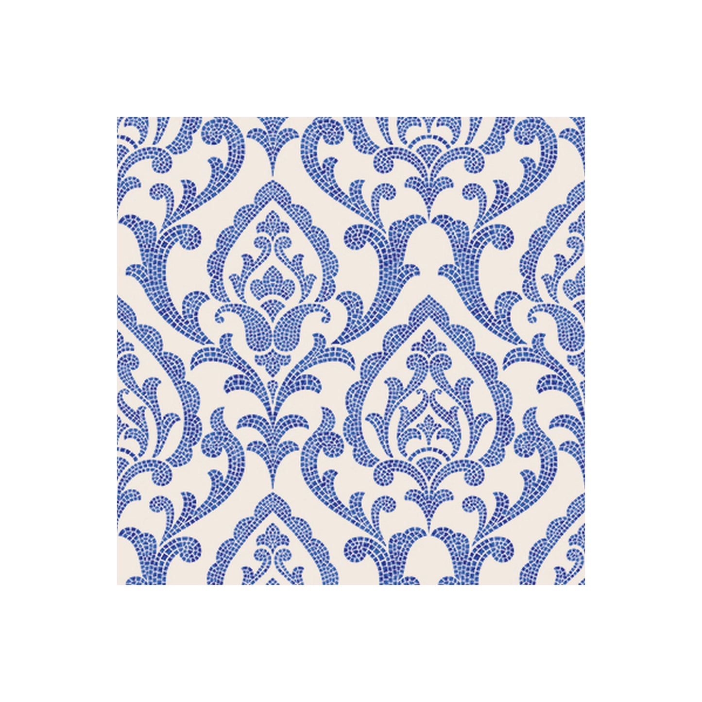 White napkin with repeating blue ornamental damask pattern with teardrop details.