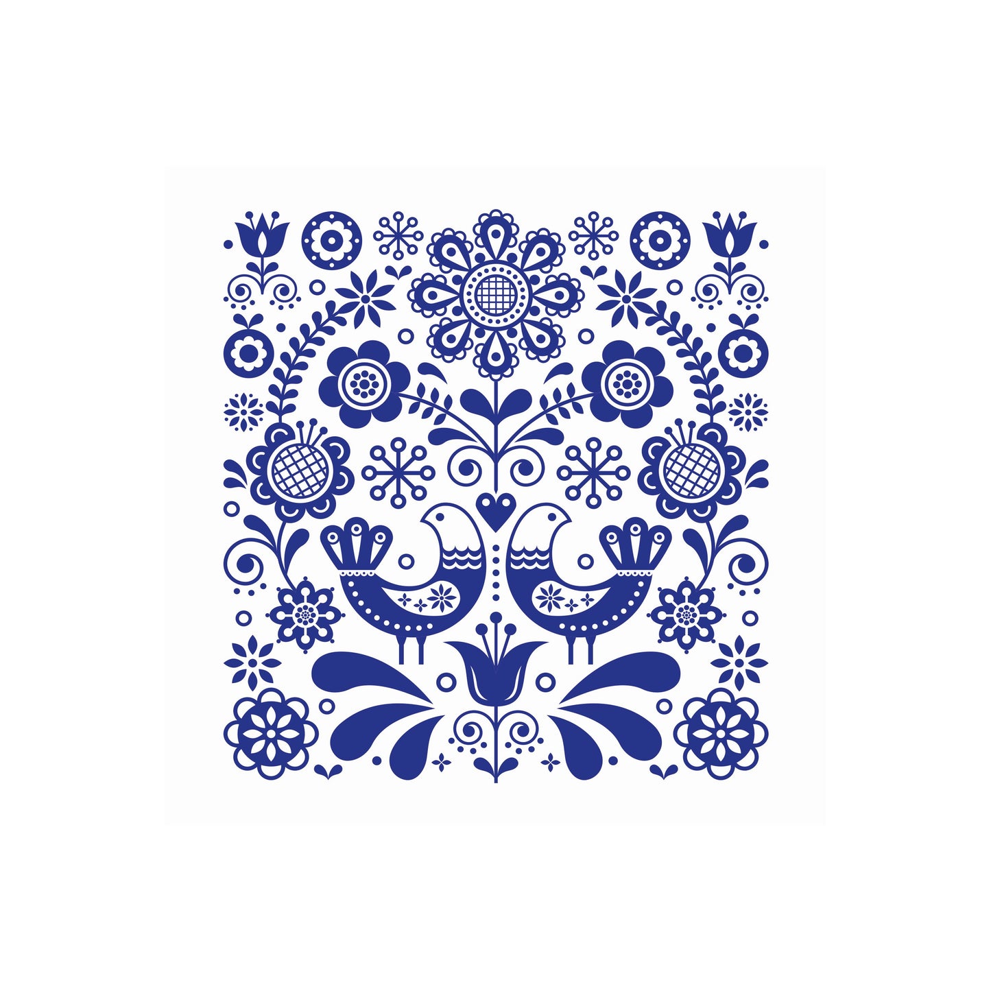 White napkin with bold blue folk pattern featuring decorative birds and flowers.