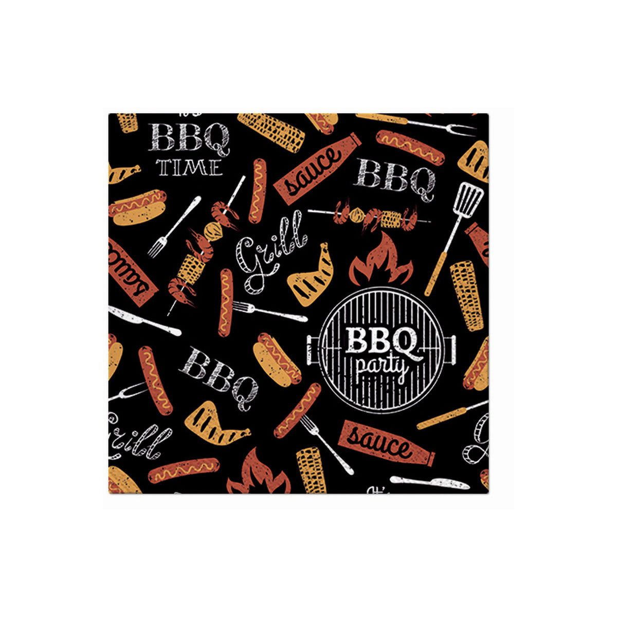 BBQ party paper napkin with grilled food icons and BBQ text on dark design