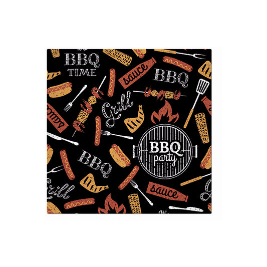 BBQ party paper napkin with grilled food icons and BBQ text on dark design