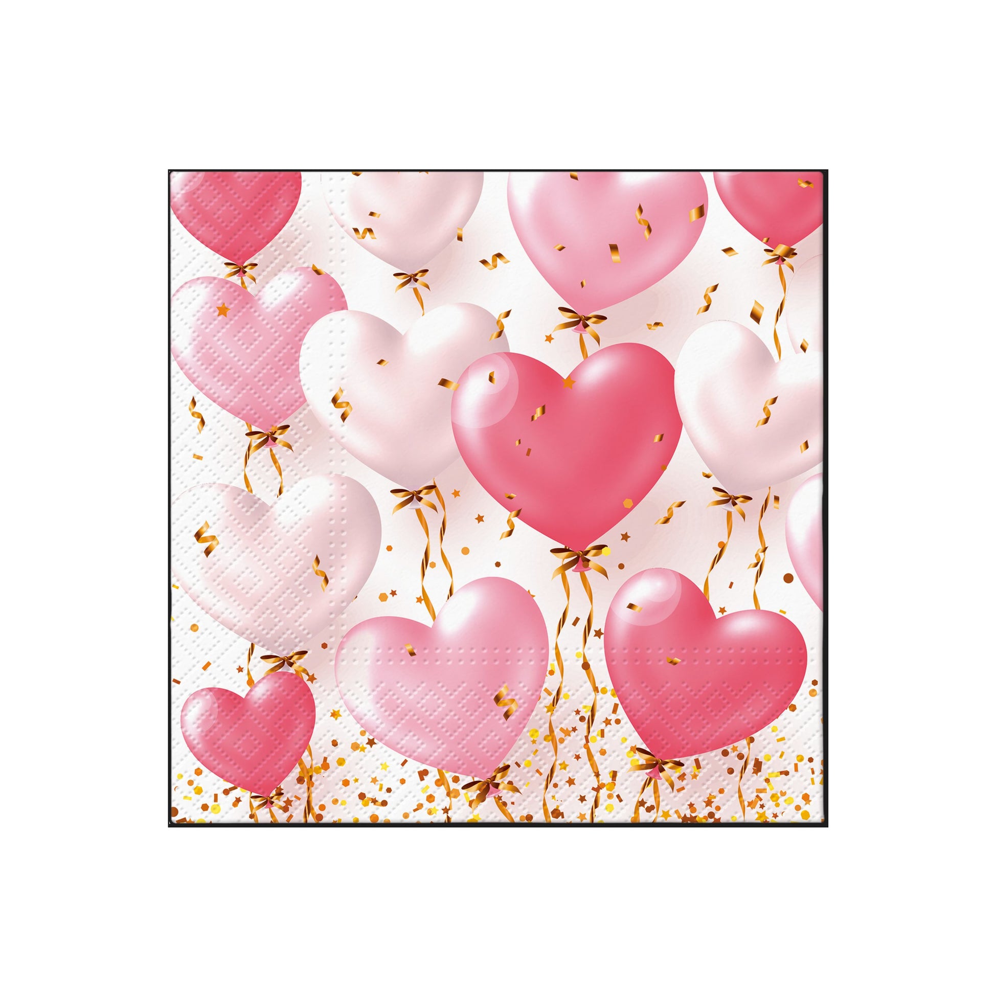 Kids party napkin with pink heart balloons and confetti on white background