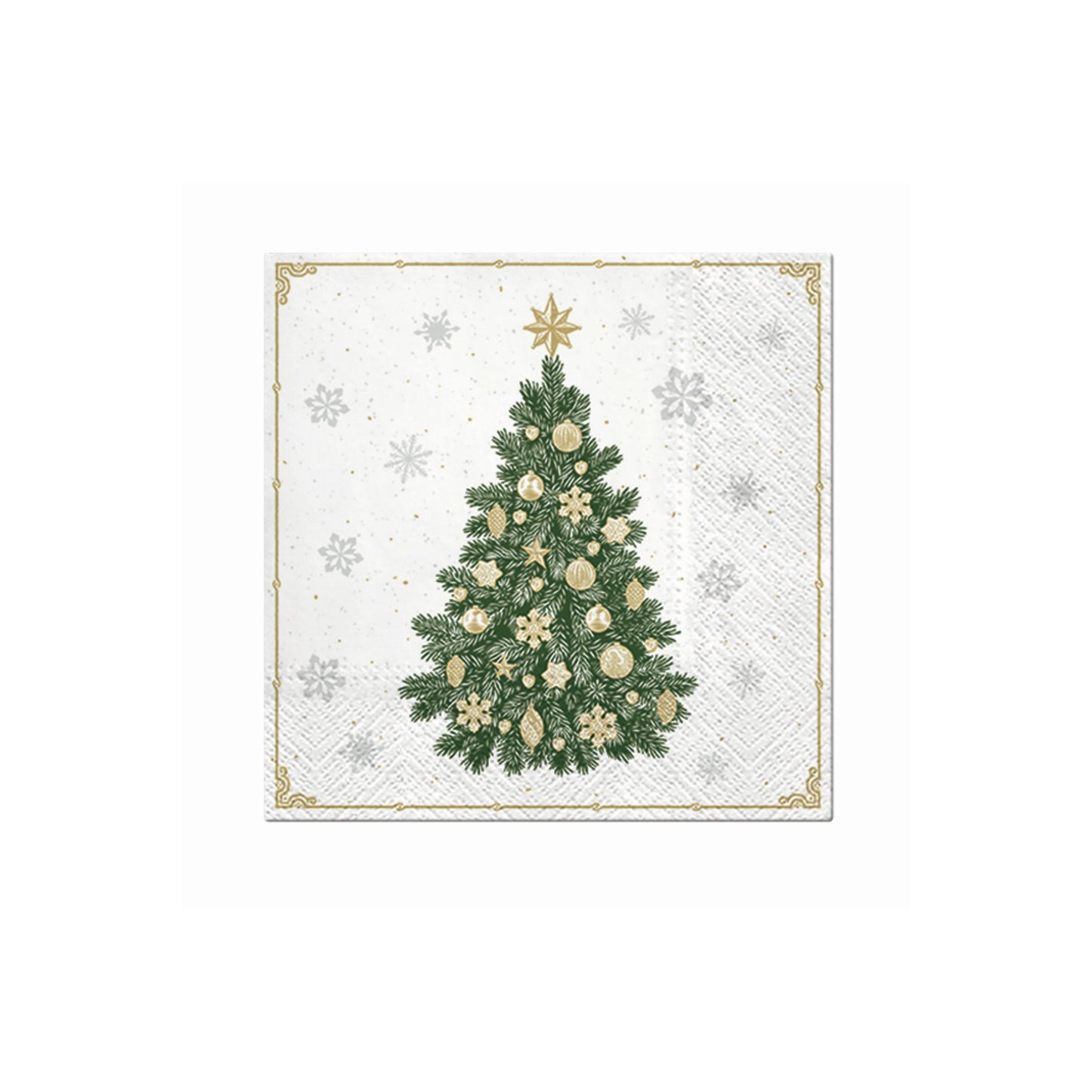 Christmas napkin with a decorated green Christmas tree and gold border corner details