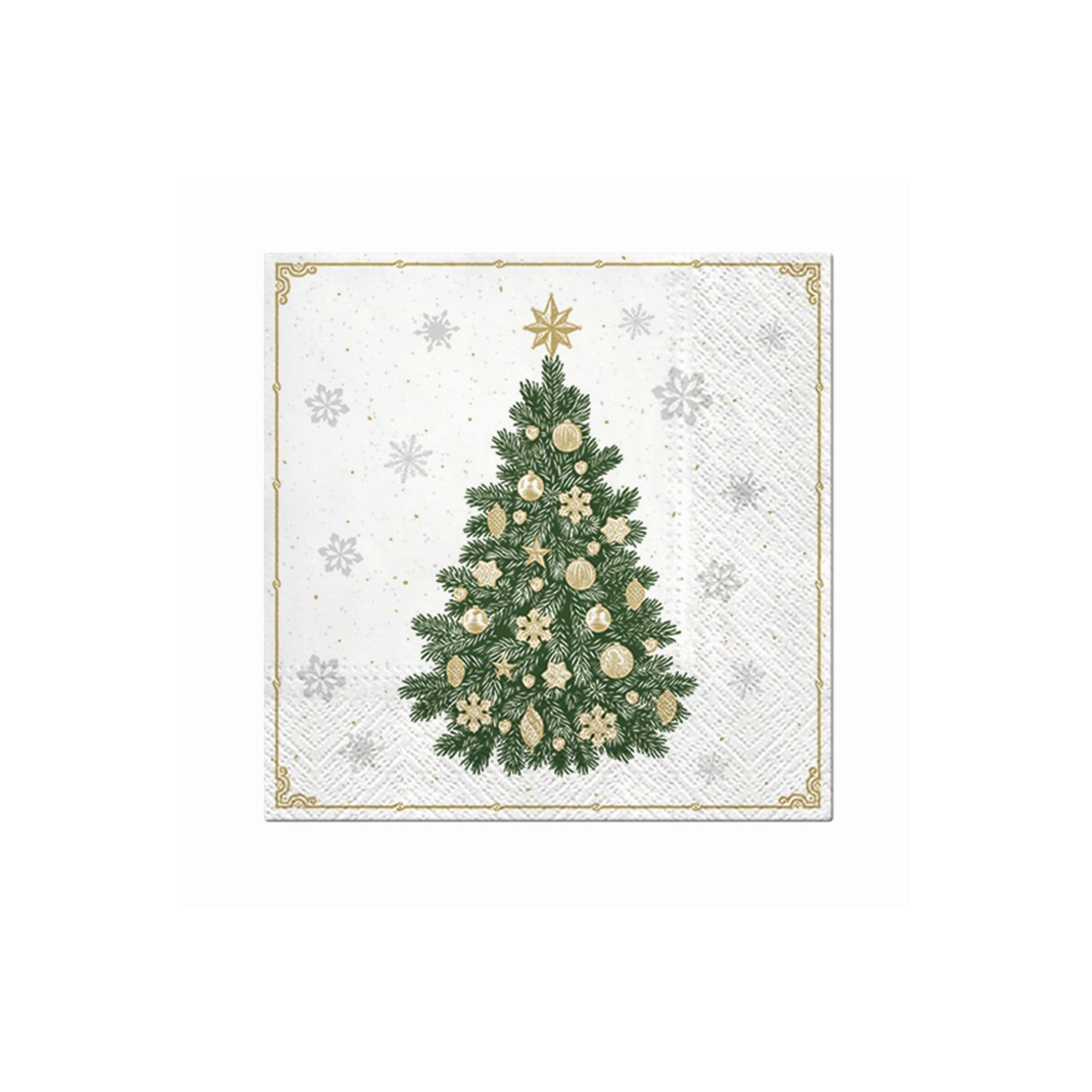 Christmas napkin with a decorated green Christmas tree and gold border corner details