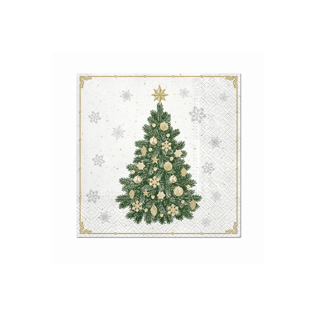 Christmas napkin with a decorated green Christmas tree and gold border corner details