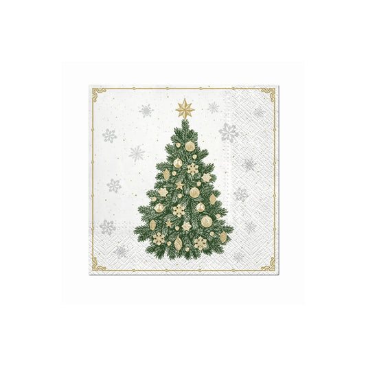 Christmas napkin with a decorated green Christmas tree and gold border corner details