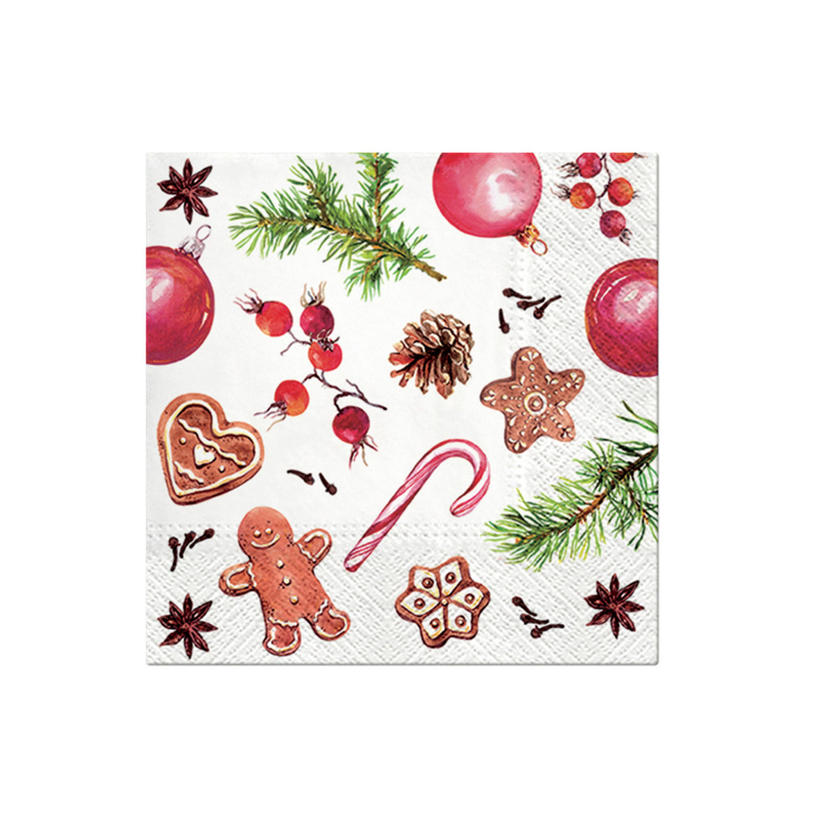 Christmas nature napkin with red ornaments, gingerbread, pine branches, and candy canes