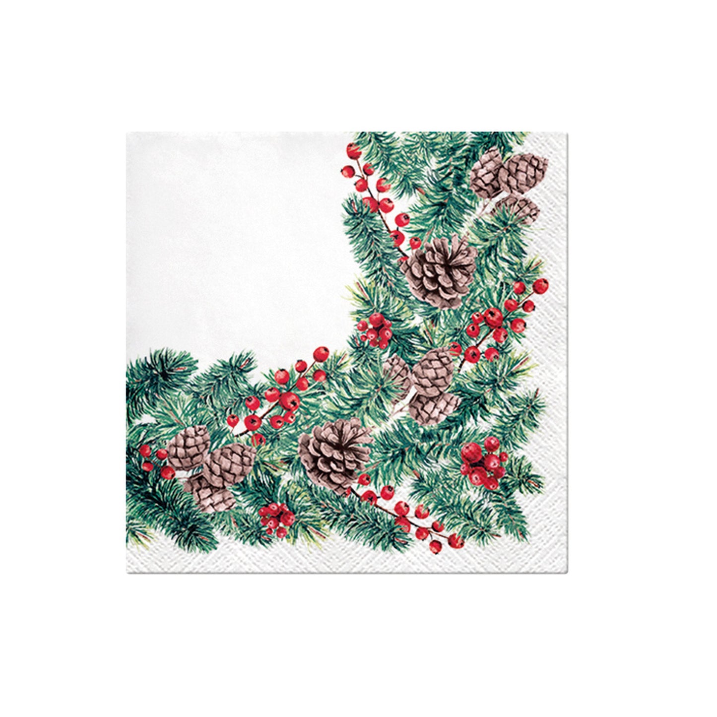 Christmas napkin with pine garland, pine cones, and red berry accents