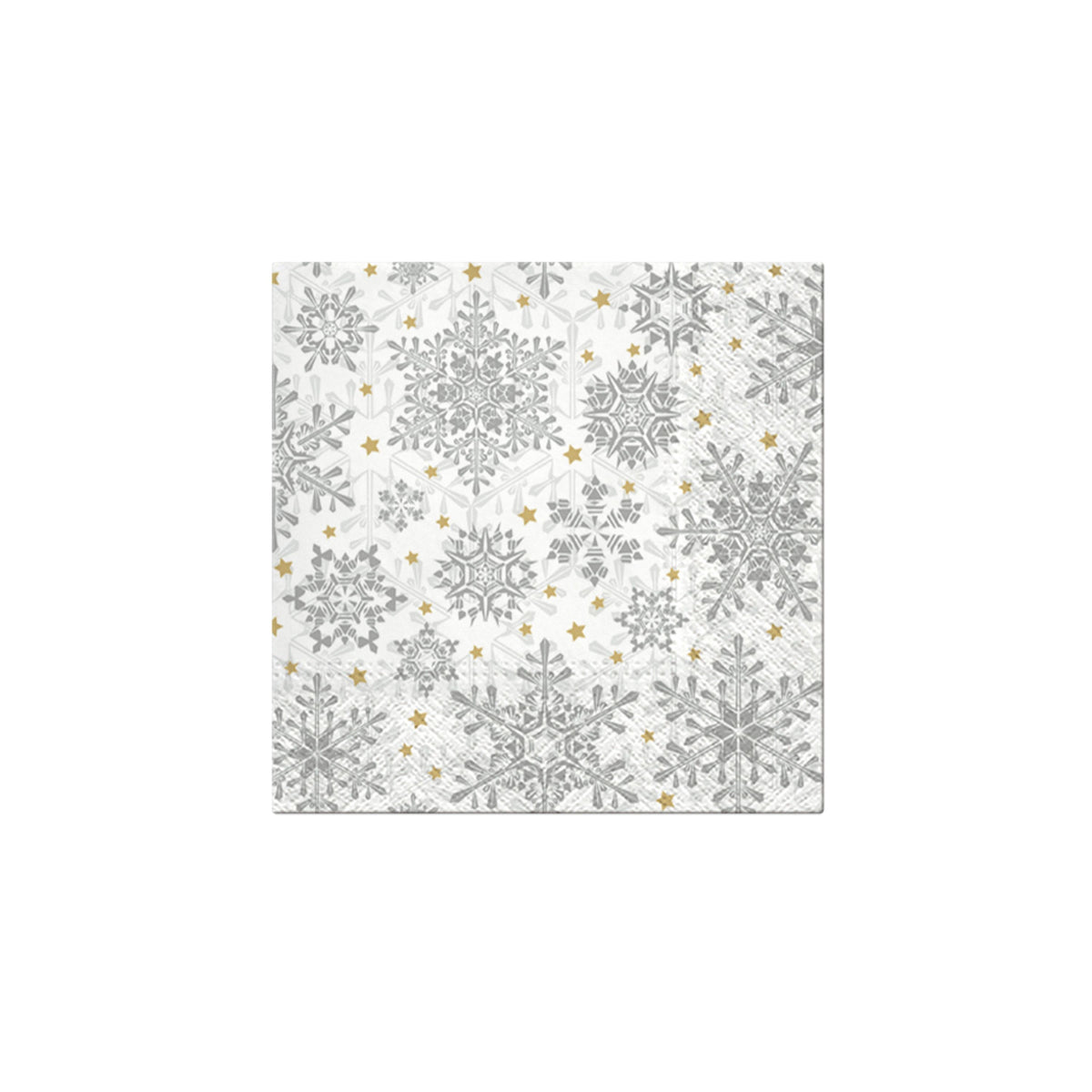 Christmas nature napkin with gray snowflakes and gold star accents on white