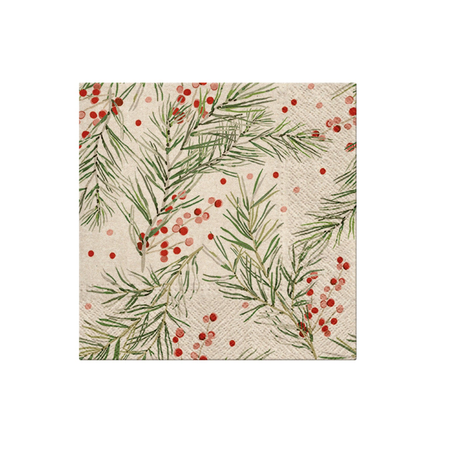 Christmas napkin with watercolor pine branches, red berries, and leafy sprigs pattern