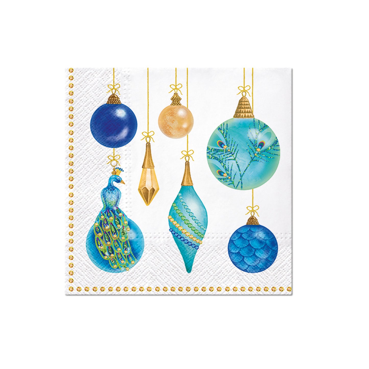 Christmas napkin with blue and gold hanging ornament baubles and teal tree decorations