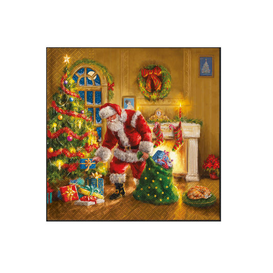 Christmas napkin with a Santa figure in a festive room, surrounded by decorations.