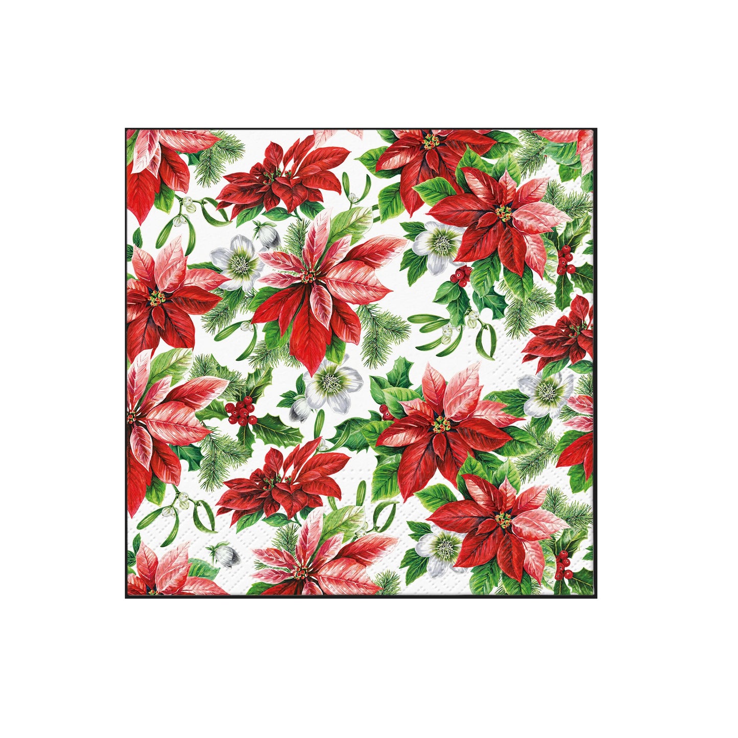 Christmas napkin with red poinsettia flowers and green holly leaves all-over print