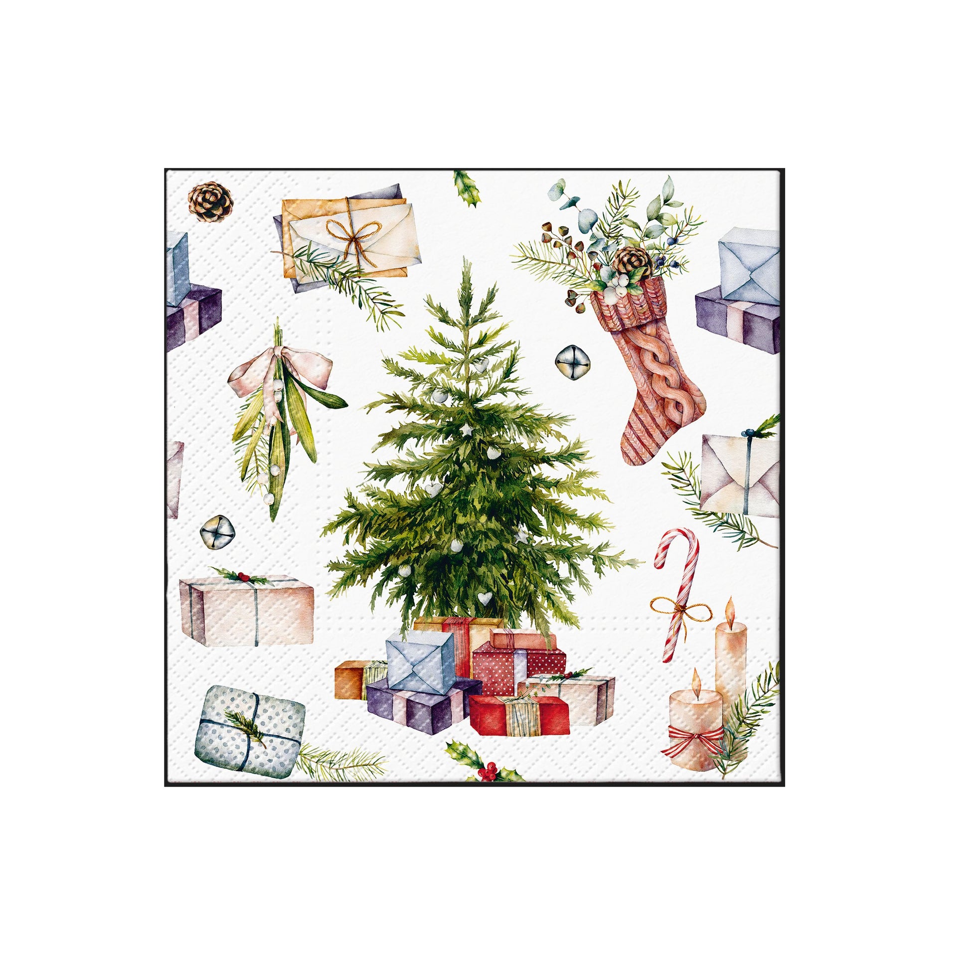 Christmas napkin with a decorated tree, wrapped gifts, pine leaves, and ornaments.