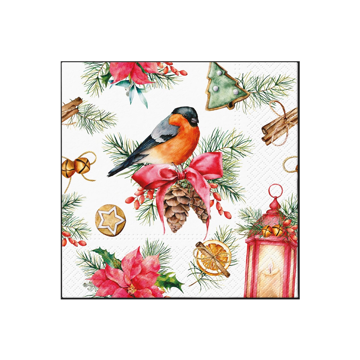 Christmas napkin with a perched bird, pine branches, pine cone cluster, and lantern motifs