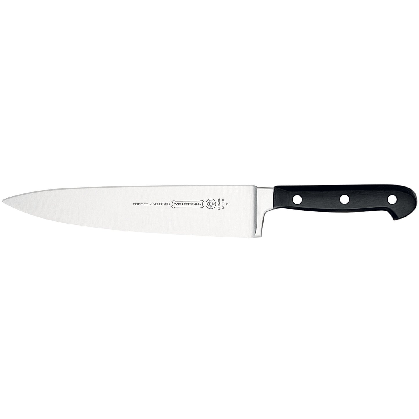Chef's knife with stainless blade and black three-rivet handle, etched text