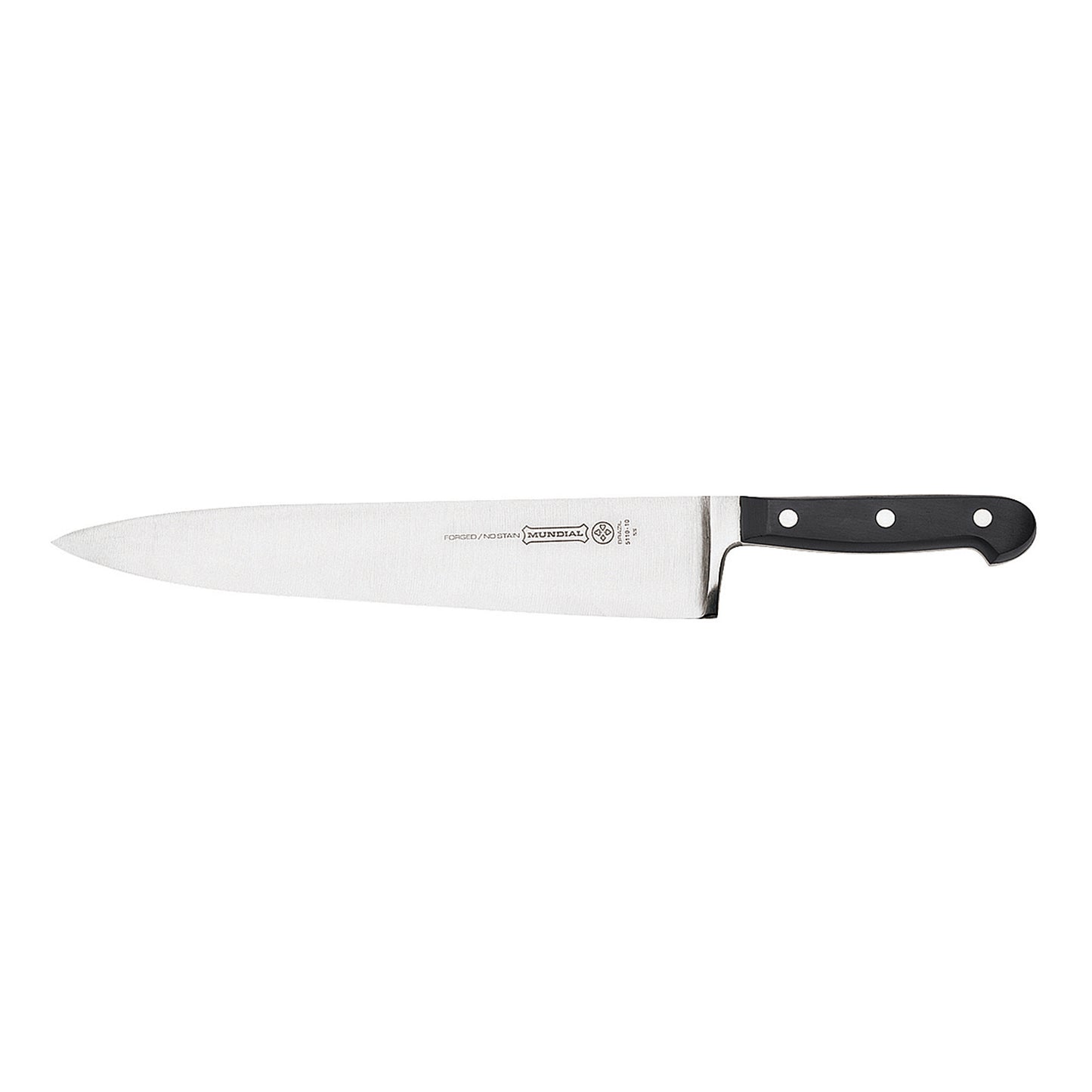 Chef's knife side view with stainless blade and black three-rivet handle
