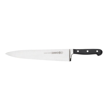 Chef's knife side view with stainless blade and black three-rivet handle
