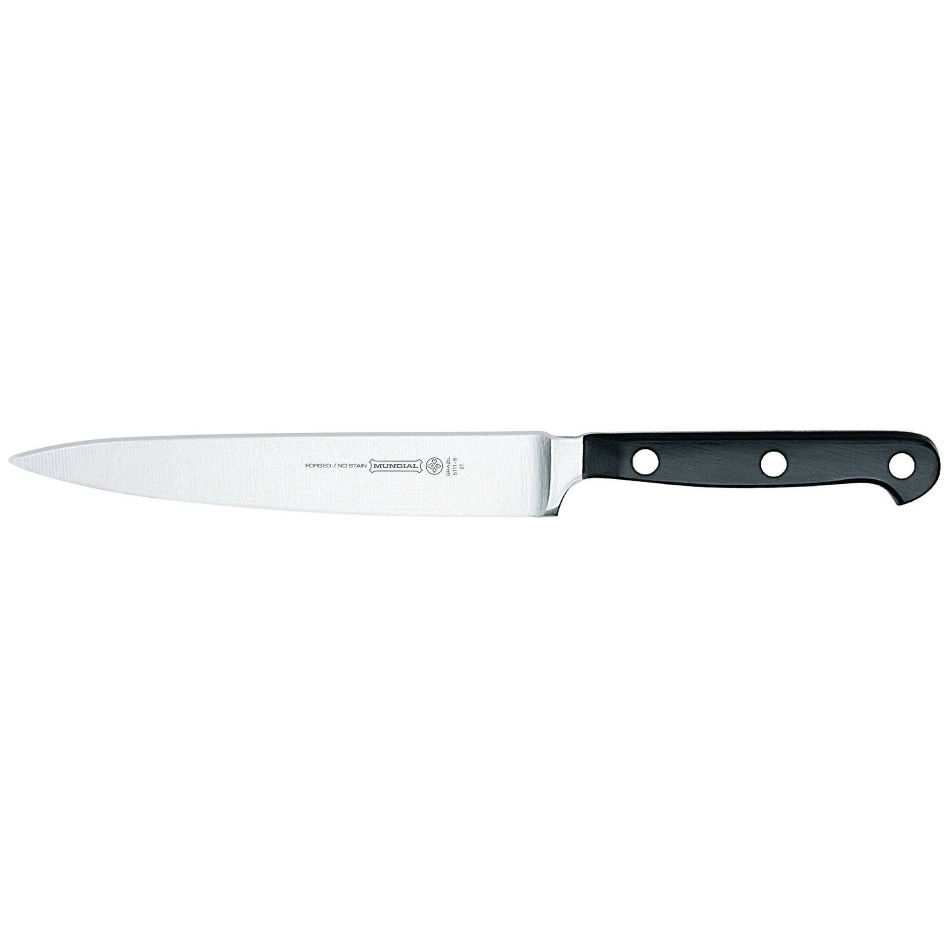 Utility knife with stainless-steel blade and black handle, two rivet holes