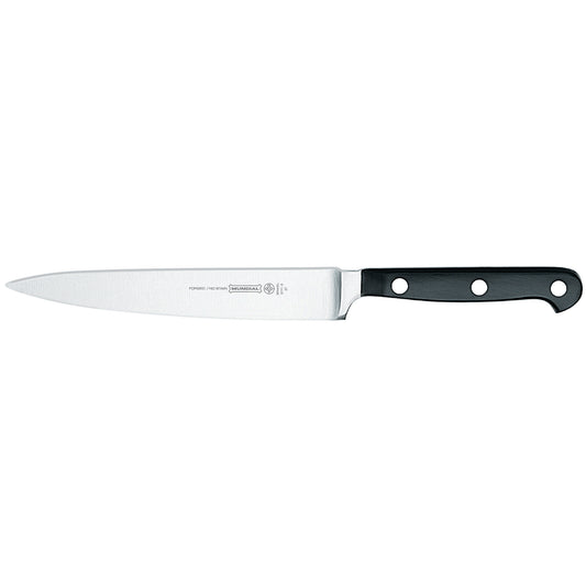 Utility knife with stainless-steel blade and black handle, two rivet holes
