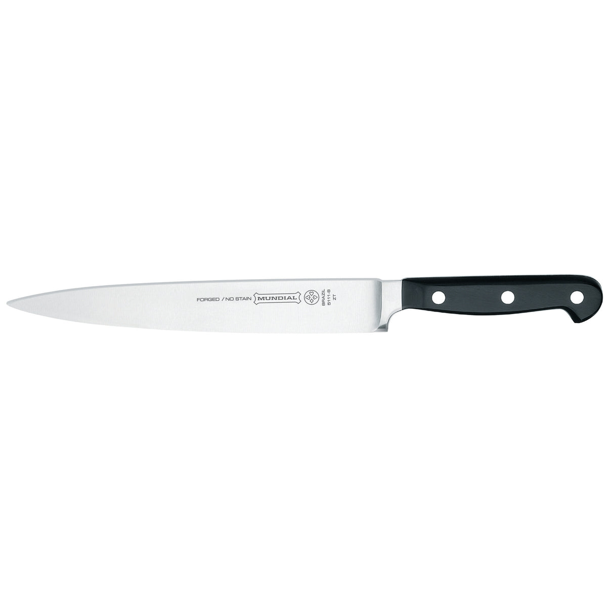 Carving knife with stainless steel blade and black handle, two rivets.