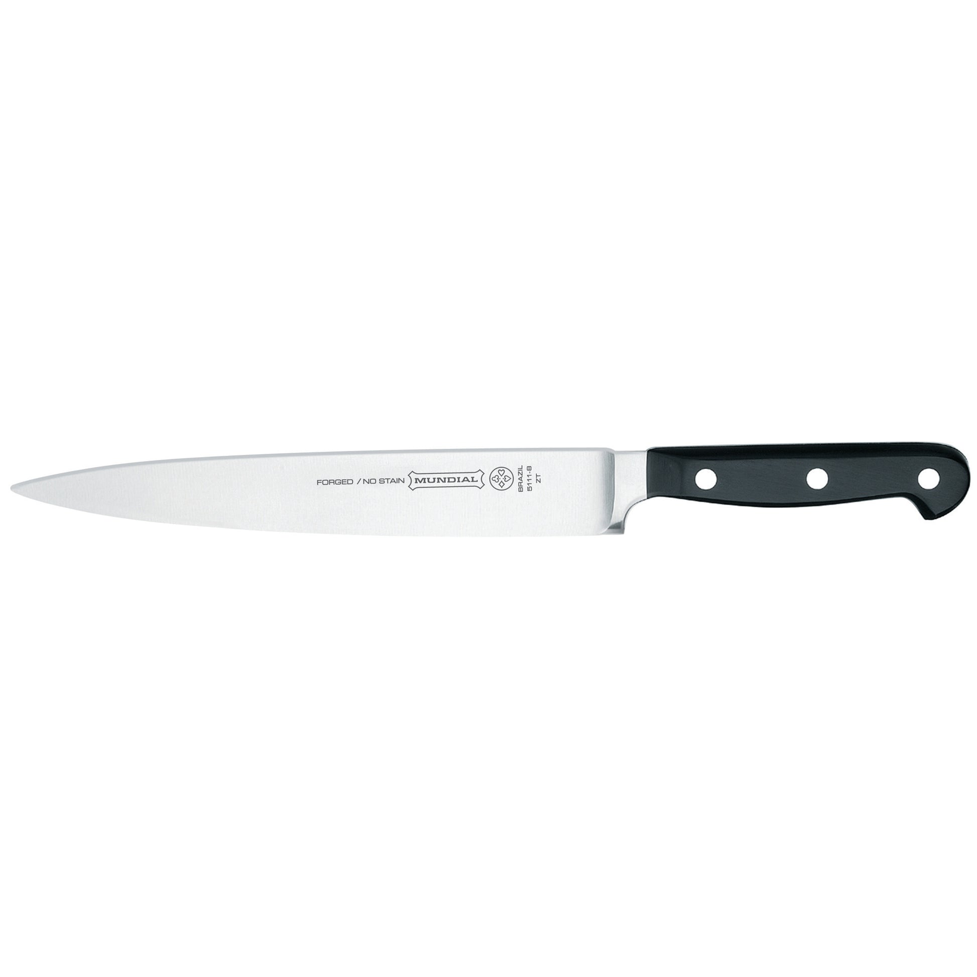 Carving knife with stainless steel blade and black handle, two rivets.