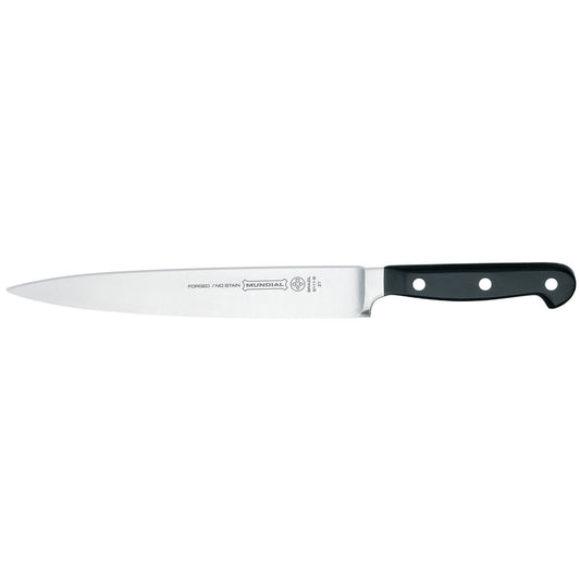Carving knife with stainless steel blade and black handle, two rivets.