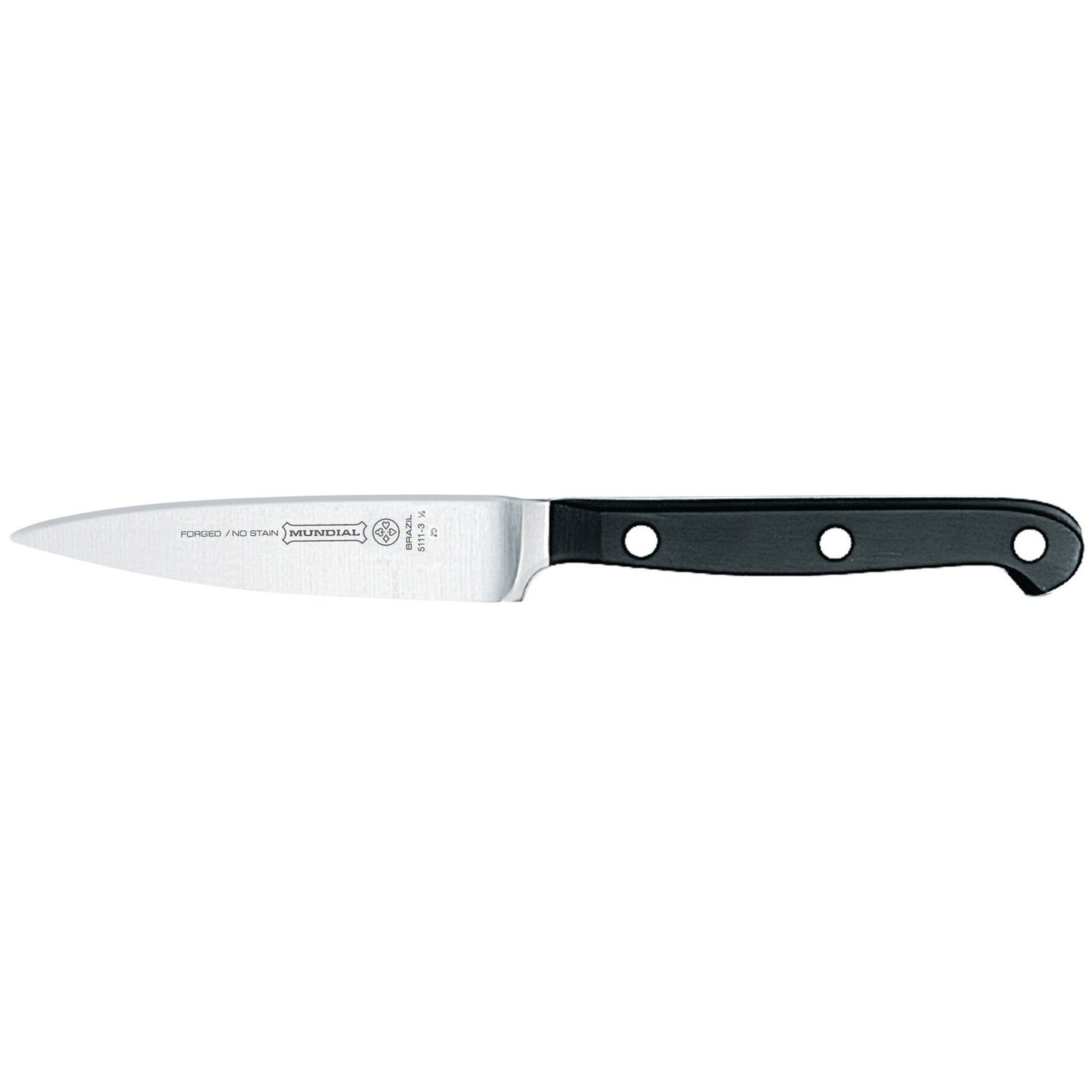 Paring knife, stainless steel blade with printed markings, black handle with rivets