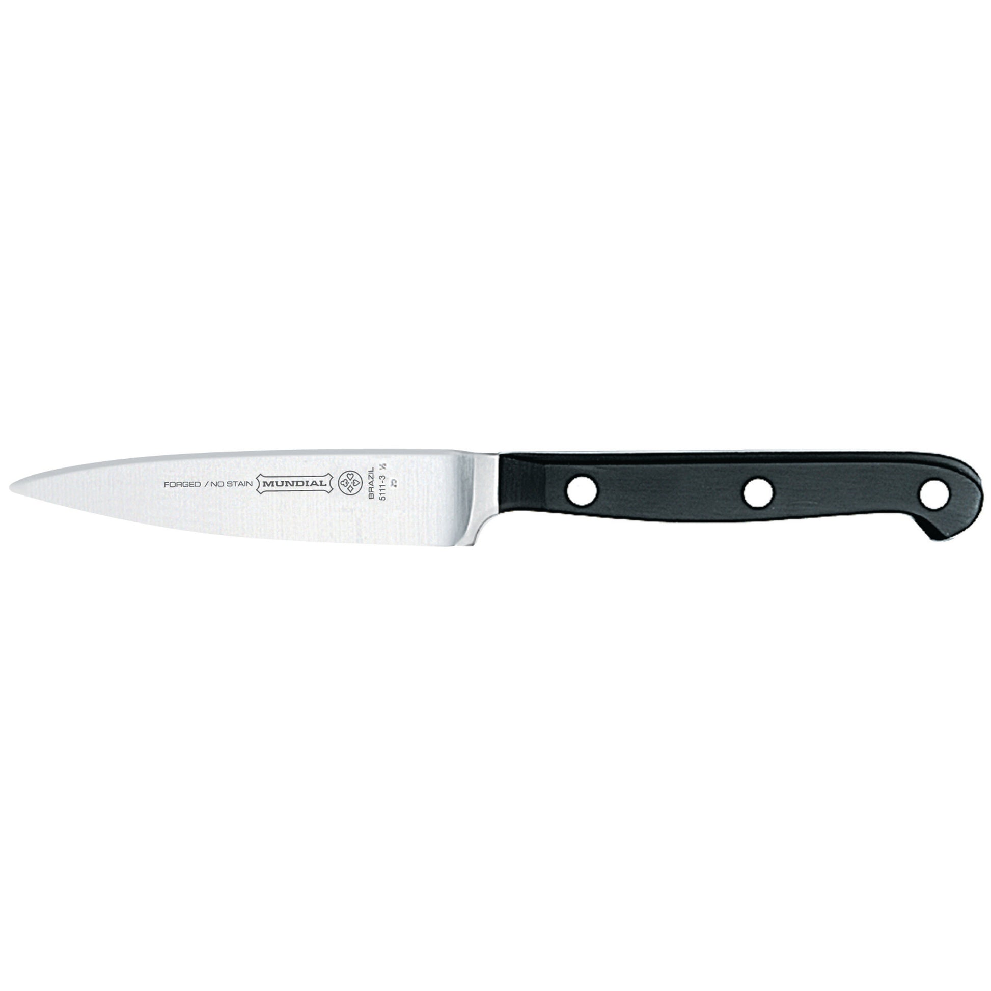 Paring knife, stainless steel blade with printed markings, black handle with rivets