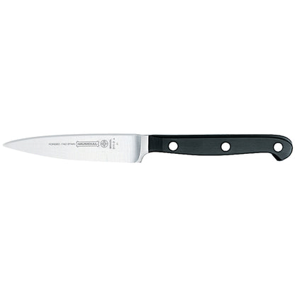 Paring knife, stainless steel blade with printed markings, black handle with rivets