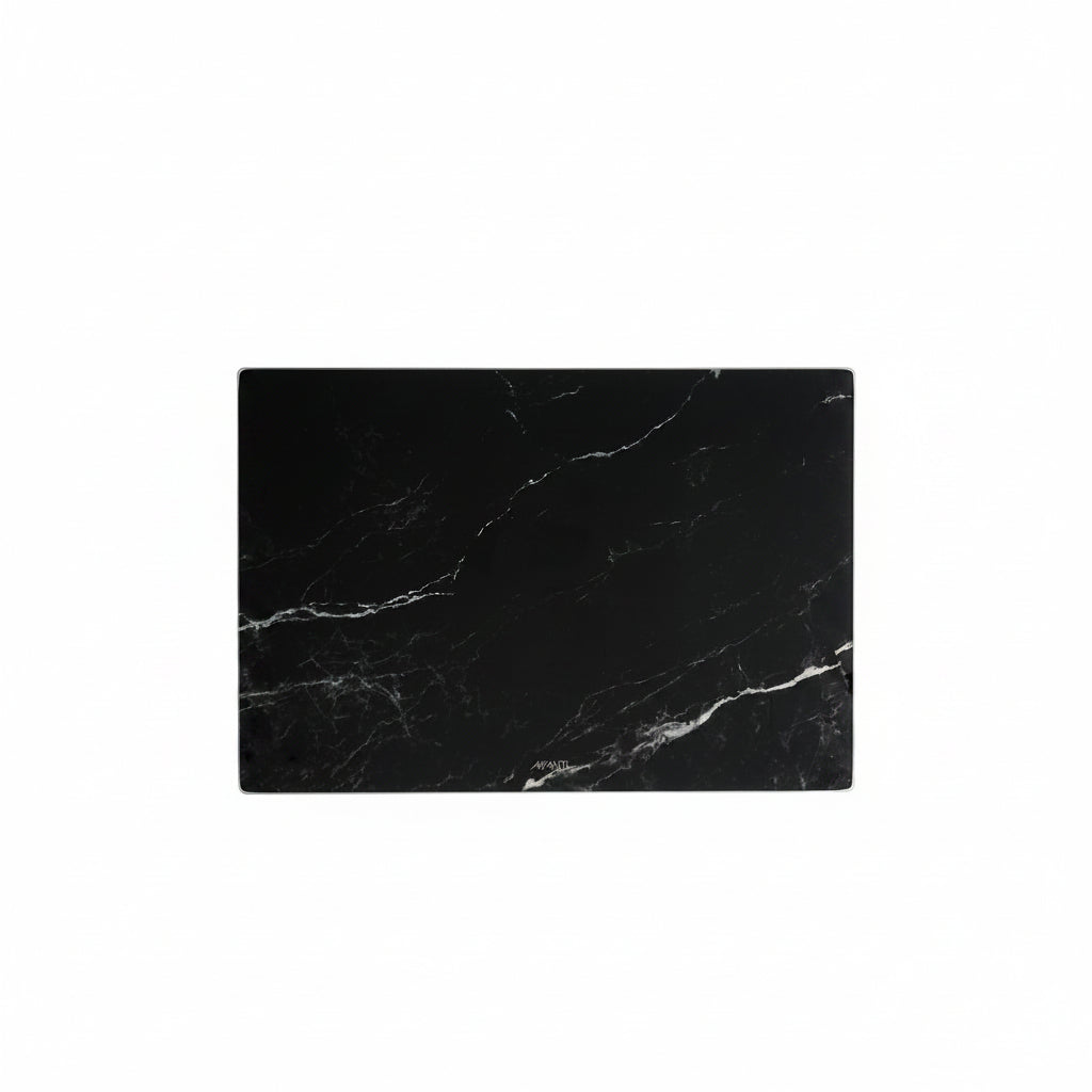 Black marble-patterned mouse pad with 'Ampad' branding on a white background