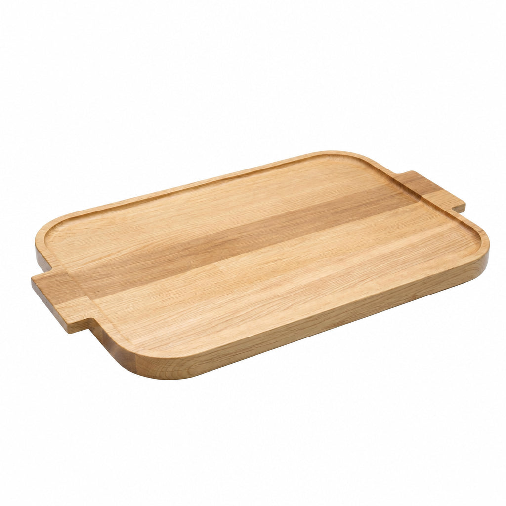 Rectangular wooden serving tray with raised rim and end handles