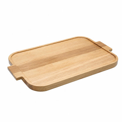 Rectangular wooden serving tray with raised rim and end handles