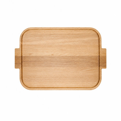 Wooden rectangular serving tray with rounded ends and side finger handles