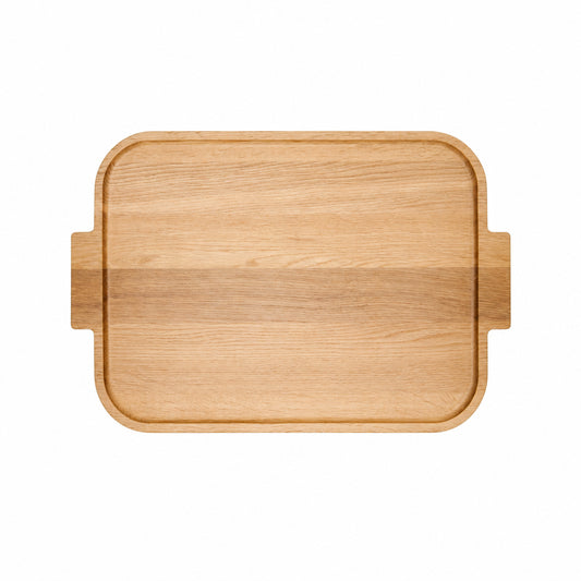 Wooden rectangular serving tray with rounded ends and side finger handles