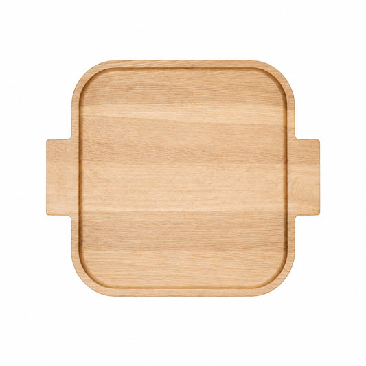Wooden square serving tray with rounded edges and handle cutouts